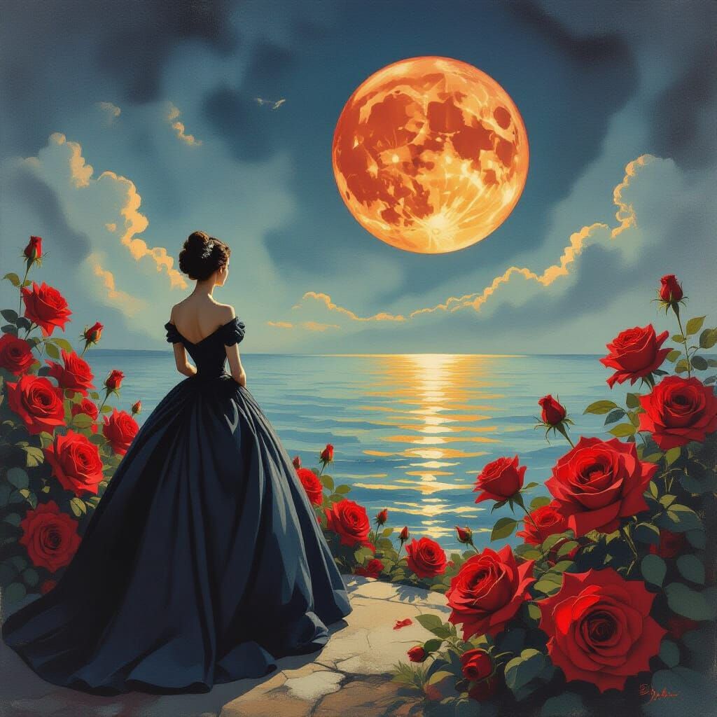 Woman Watches Blood Moon Over Giant Roses in Watercolor Surr...