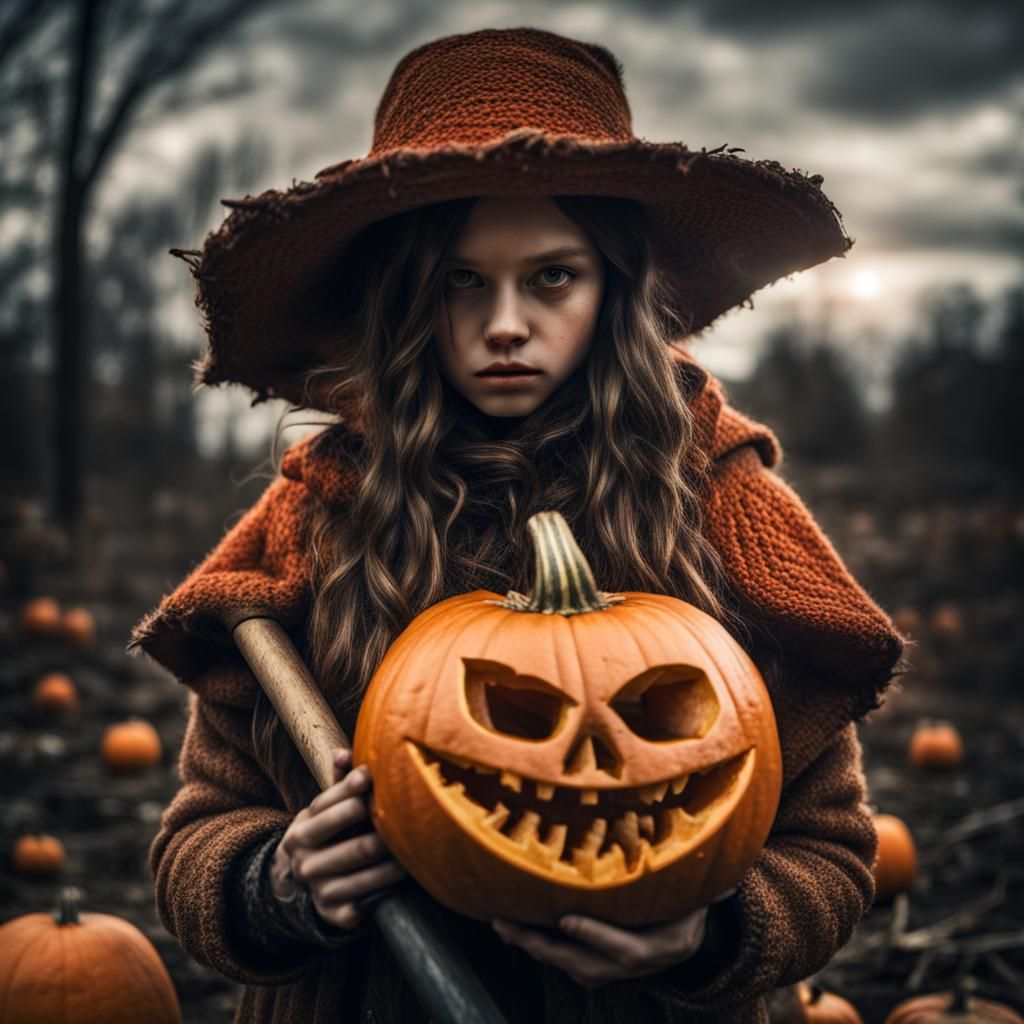 Girl with Pumpkin Head and Axe in HDR