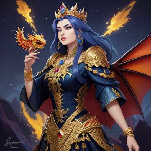 Elegant Dragon with Regal Crown and Gemstone Jewelry