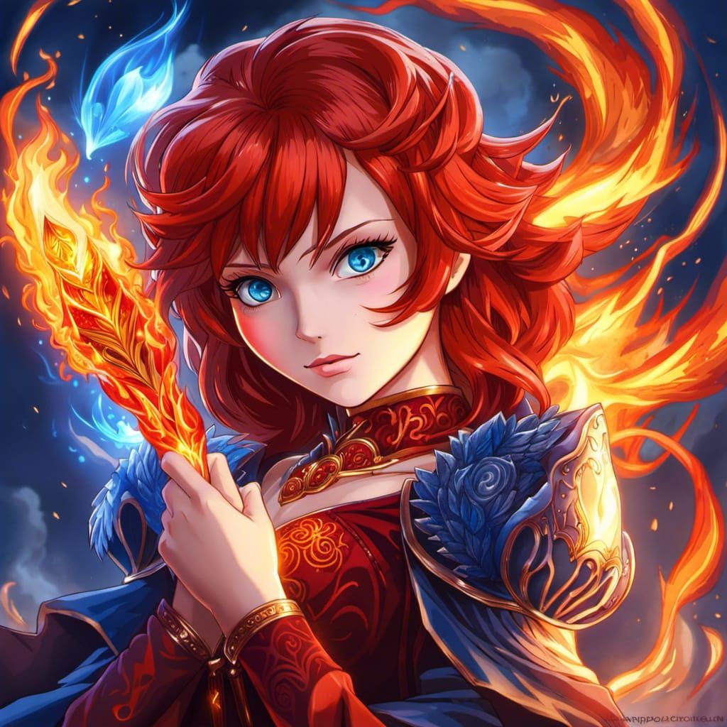 Anime Fire Wizard Woman Casting Magic
