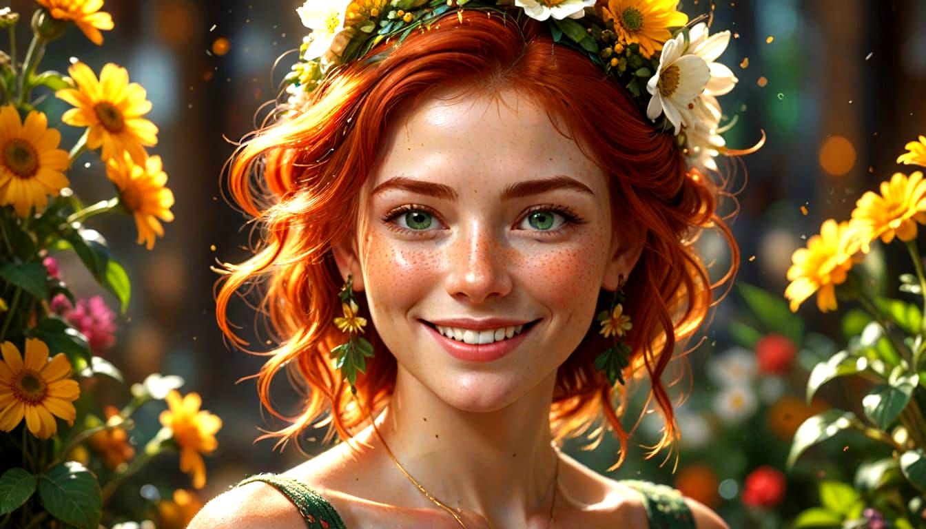 Red-Haired Beauty with Flowers, Hyperrealistic Portrait