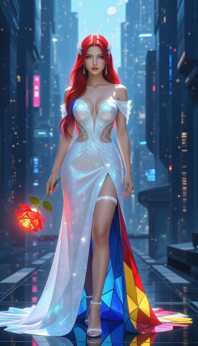 Futuristic Woman in Crystal Gown Holding Rose
