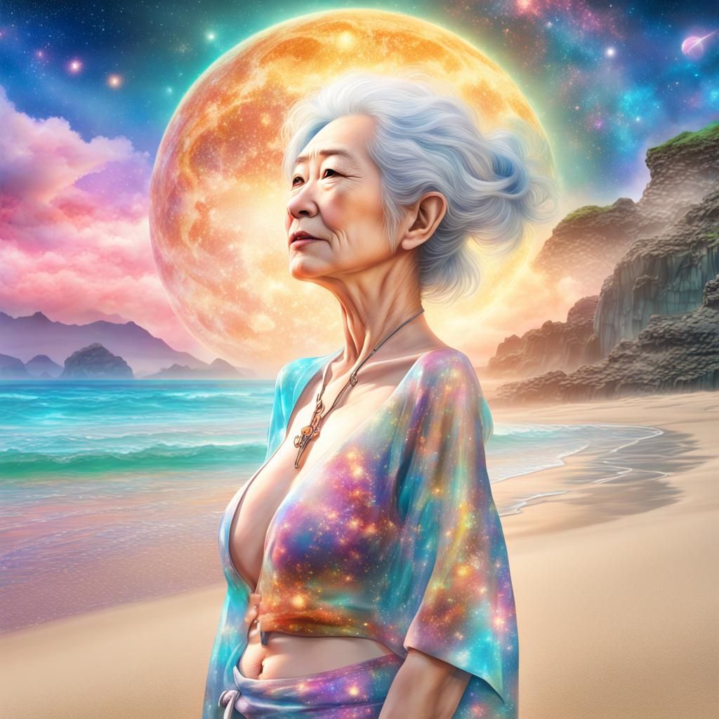 Exotic Japanese Woman on Beach: Pablo Amaringo Style