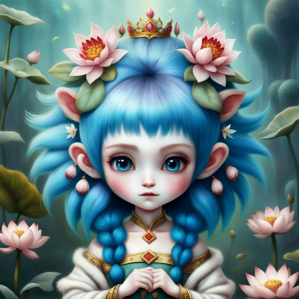 Blue-Haired Girl with Flowers: Fantasy Digital Art
