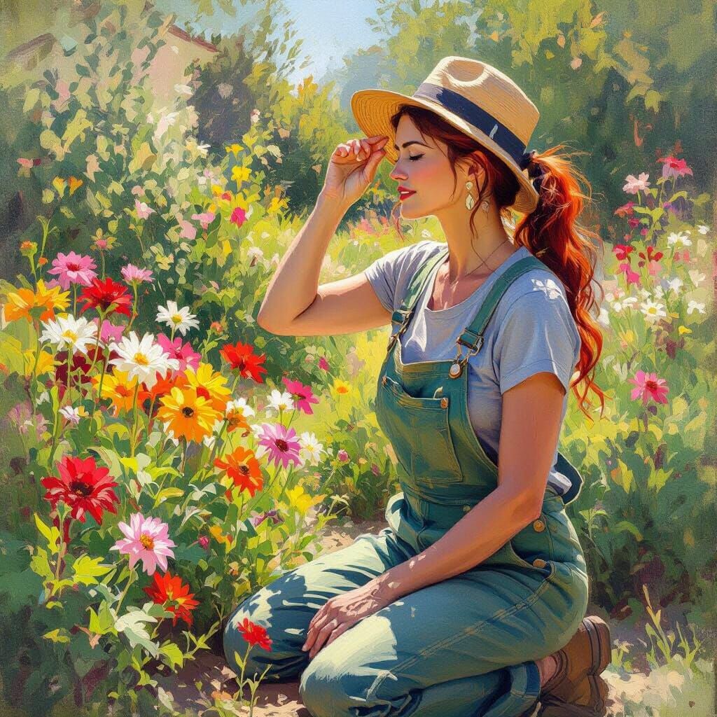 Impressionistic Painting of a Woman Gardening