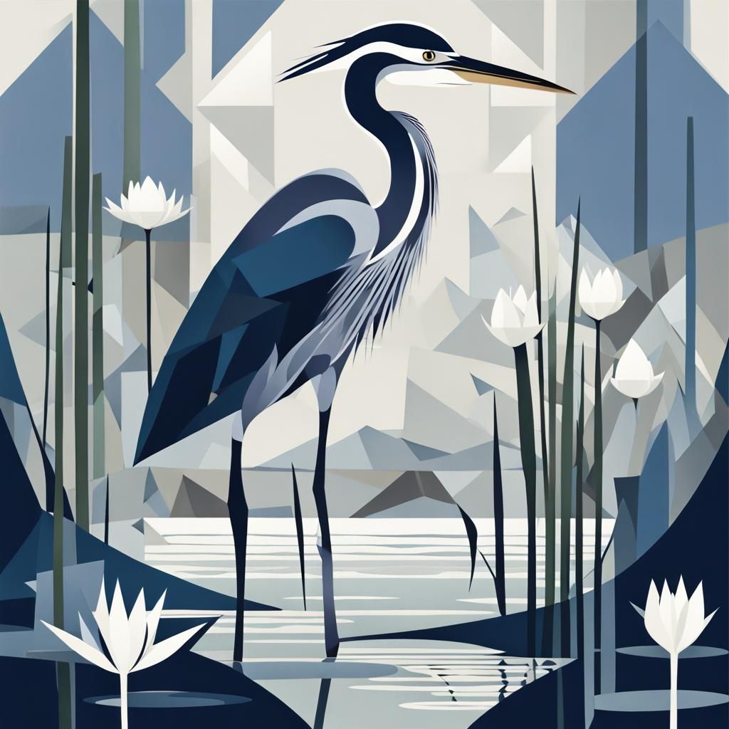 Neo-Cubist Heron in Blue and Silver Marsh