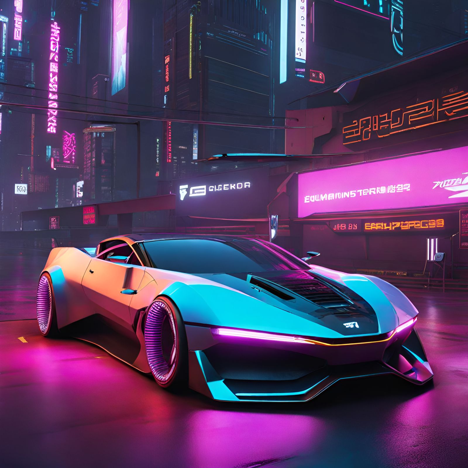 Cyberpunk Sports Car in Neon Cityscape