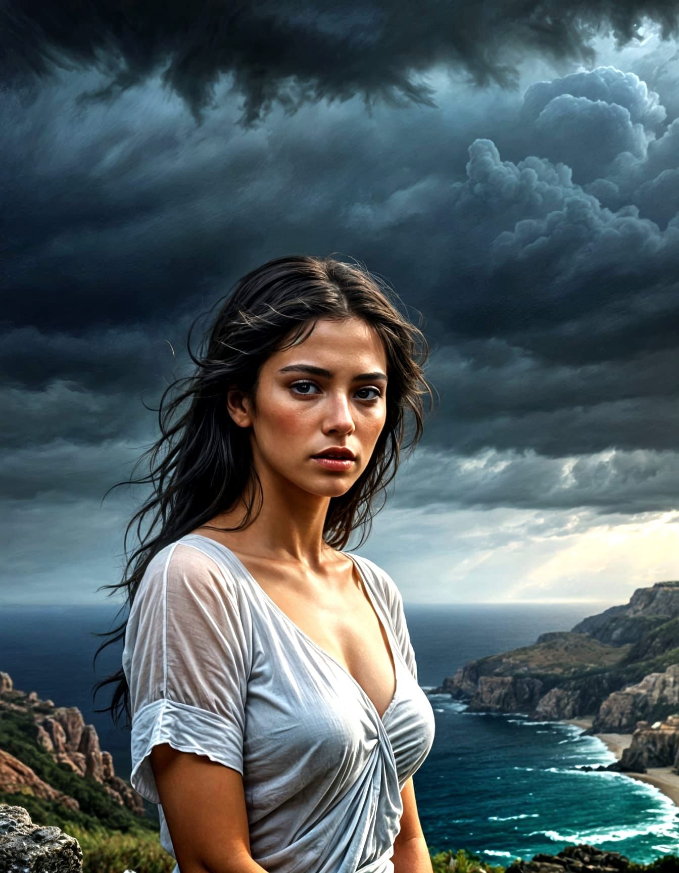Sad Lebanese Woman in Hills Overlooking Ocean