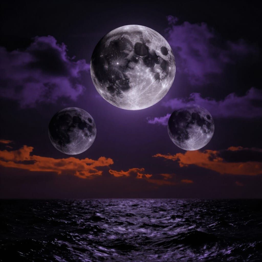 Dark Fantasy Art of Three Black Moons Over Raging Sea