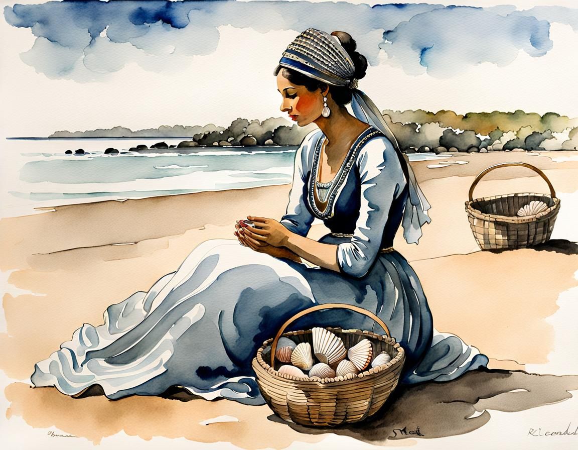 Breton Woman with Shells in Art Nouveau Watercolor