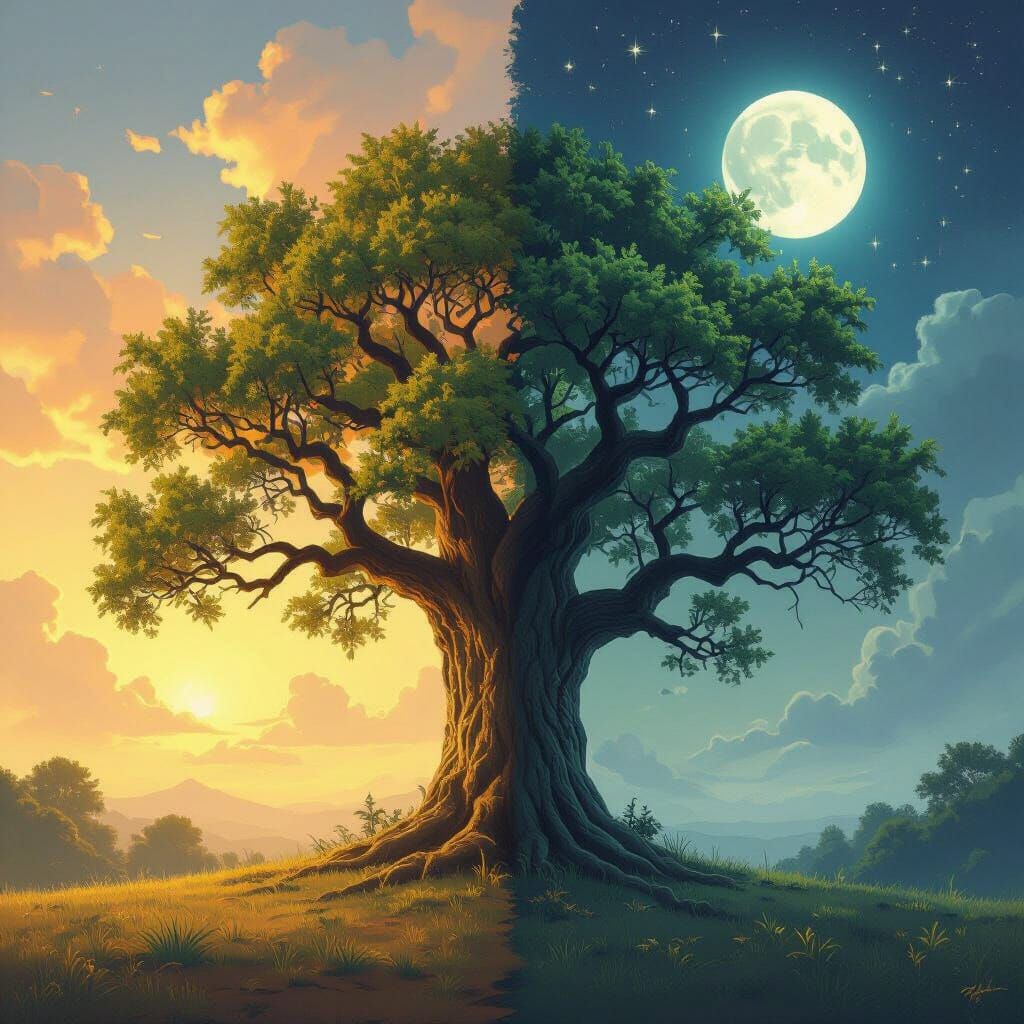 Ancient Oak Tree: Sunlight Meets Moonlight