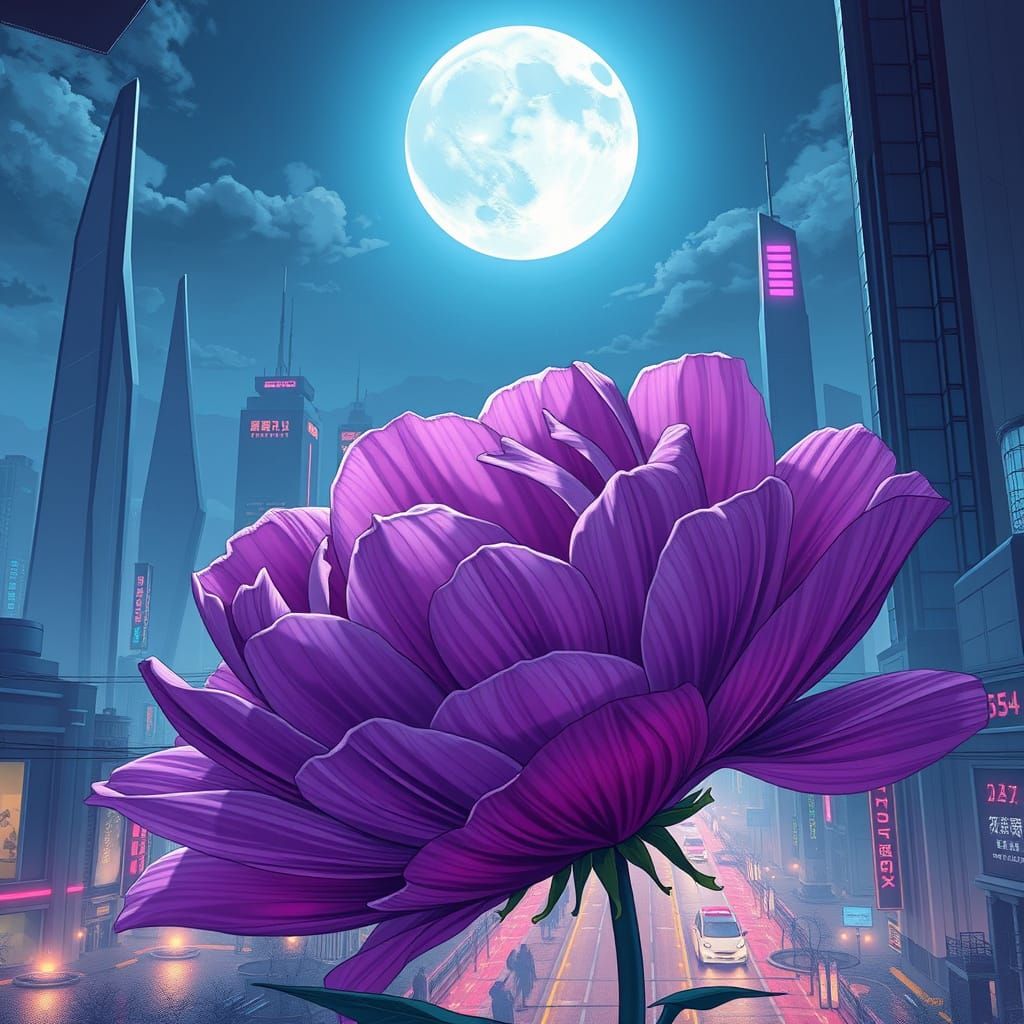 Futuristic Moon Cityscape with Giant Peony, Manga Style