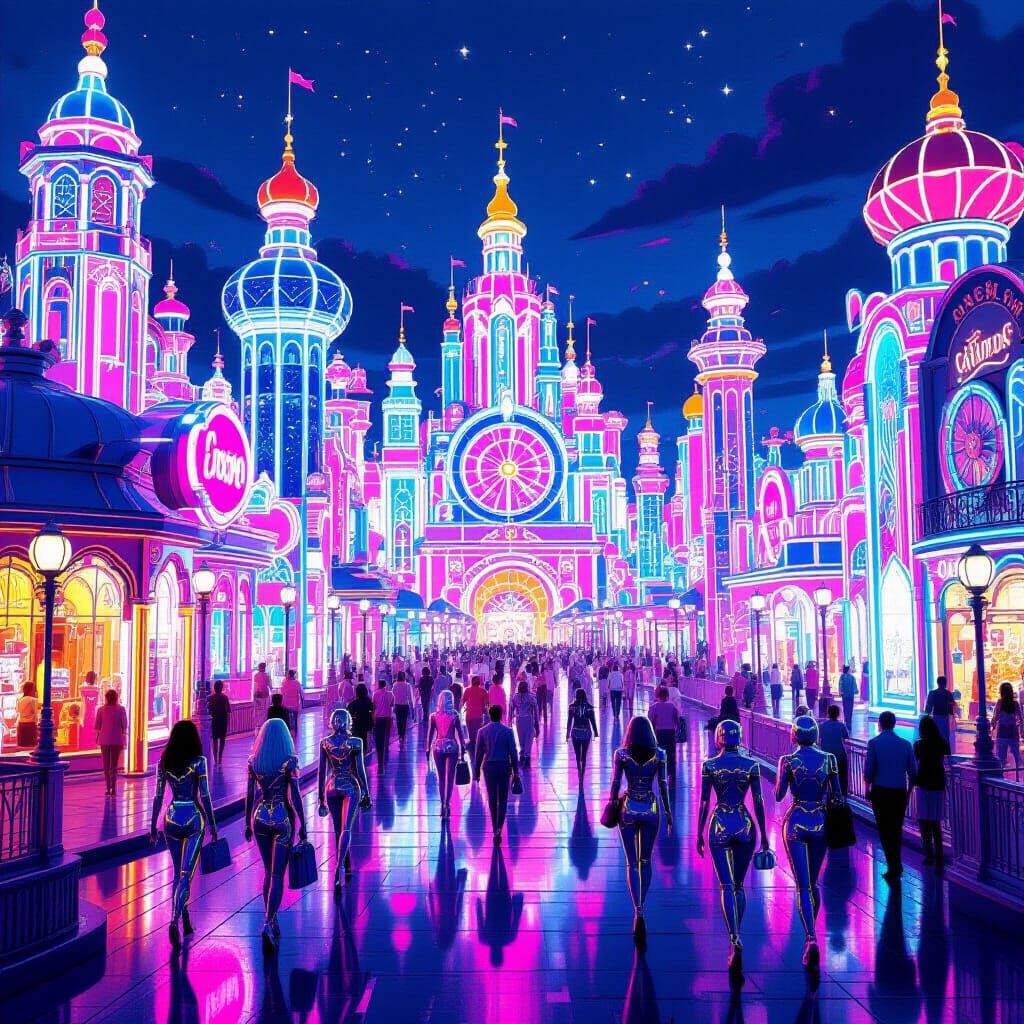 Neon Glass Amusement Park at Twilight, Digital Art