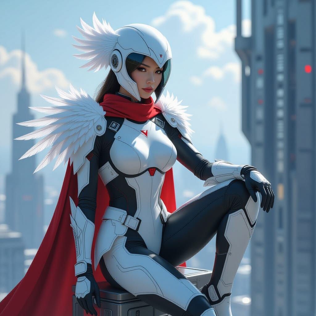 Futuristic Asian Pilot on Tower Edge