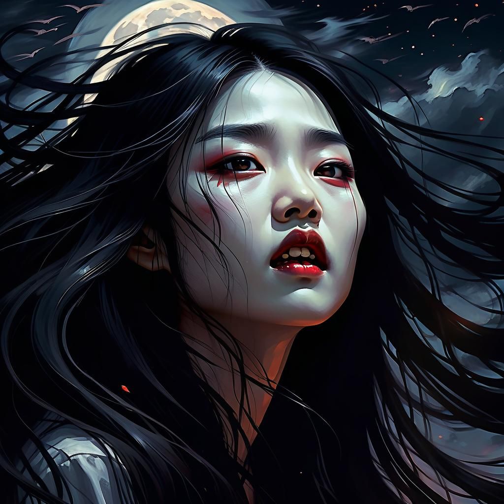 Asian Vampire Head Flies in Gothic Oil Painting