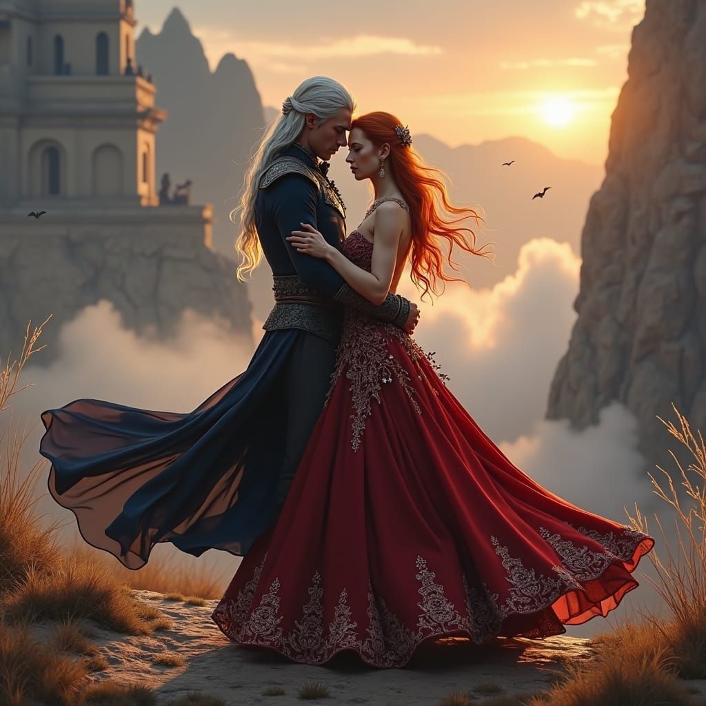 Auburn Woman and Silver Warrior Waltz at Sunset