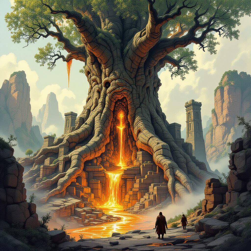 Dwarven City in Petrified Tree, Pencil Sketch