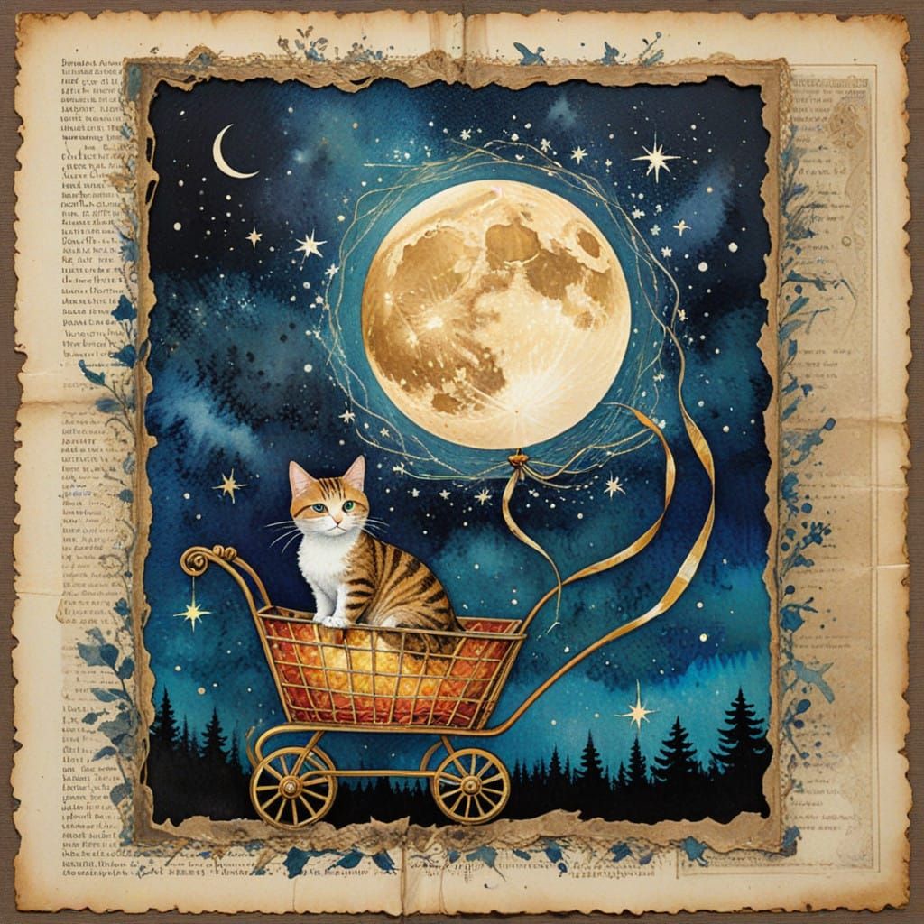 Whimsical Post-Impressionist Cat in a Moonlit Sky
