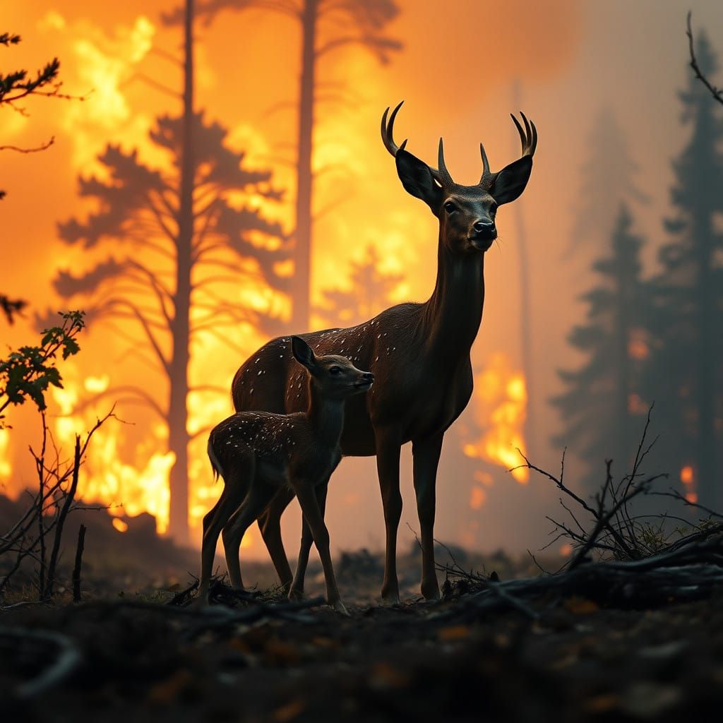 Majestic Doe and Fawn in Desperate Forest Fire