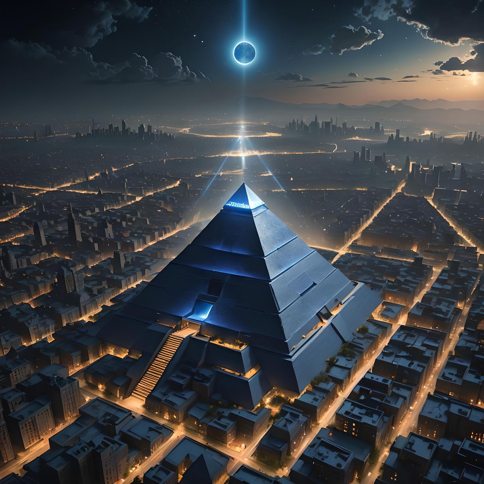 Blue Eclipse over Pyramid City, Dark Fantasy Art