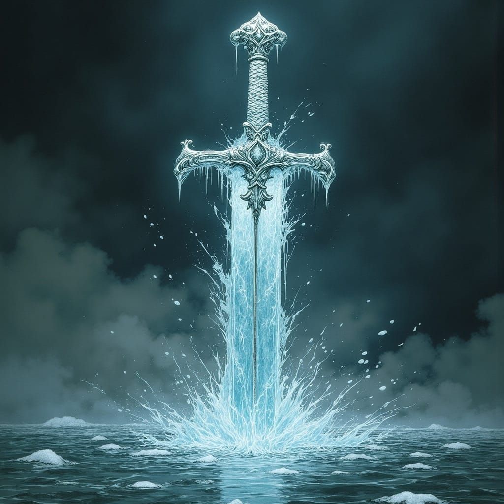 Enchanted Sword Encased in Shimmering Ice