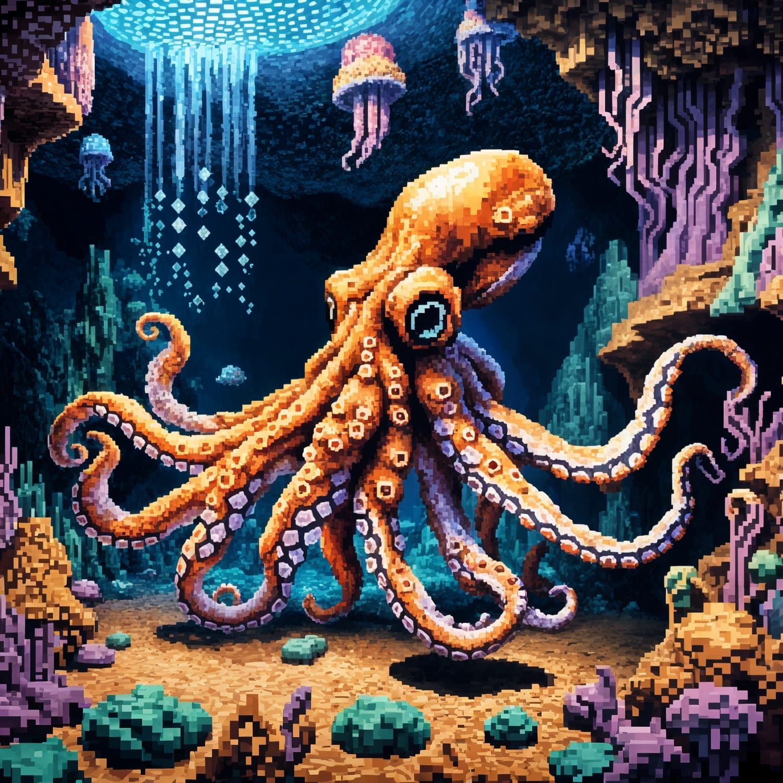 Pixelated Squid in Retro 8-bit Style