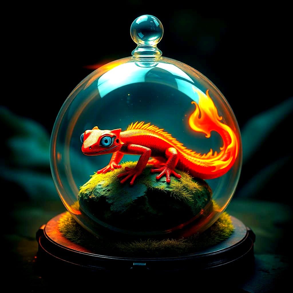 Fiery Salamander Under Glass Globe, Fantasy Concept Art