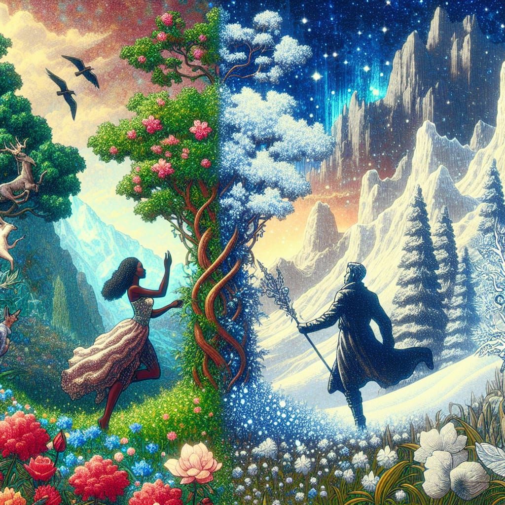 Manhwa-Style Dual Portrait: Spring and Winter Fantasy