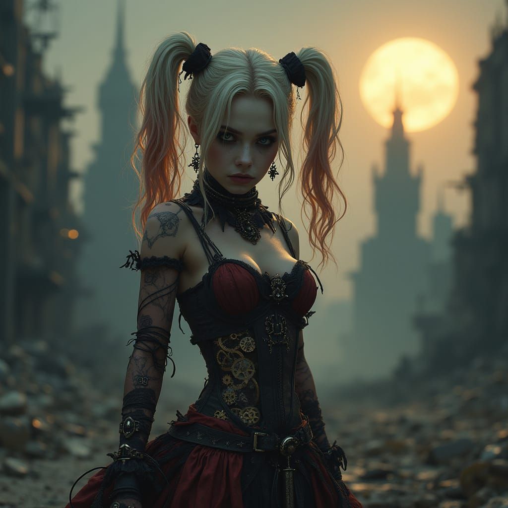 Gothic Clockwork Harley Quinn in Post-Apocalyptic Cityscape