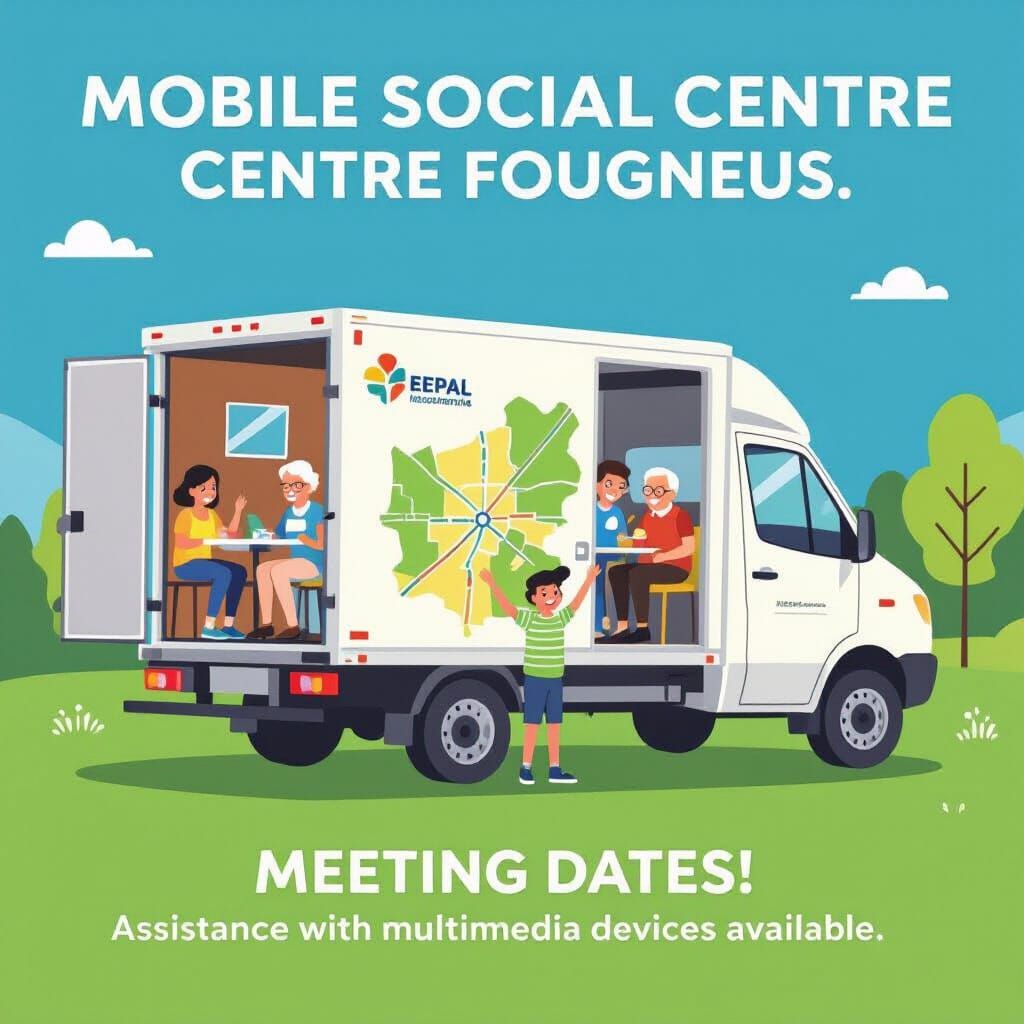 Mobile Social Centre Lorry: Flat Design Community Hub