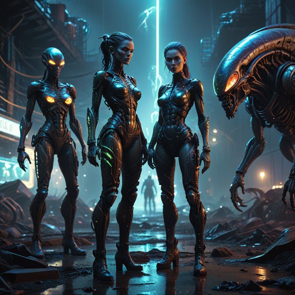 Surreal Biomechanical Woman and Aliens in Wasteland City