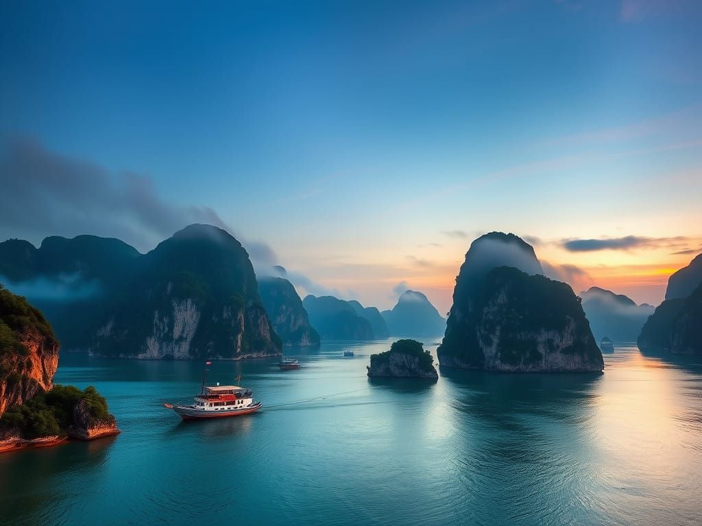 Surreal Ha Long Bay at Dusk: Majestic Limestone Karsts and I...