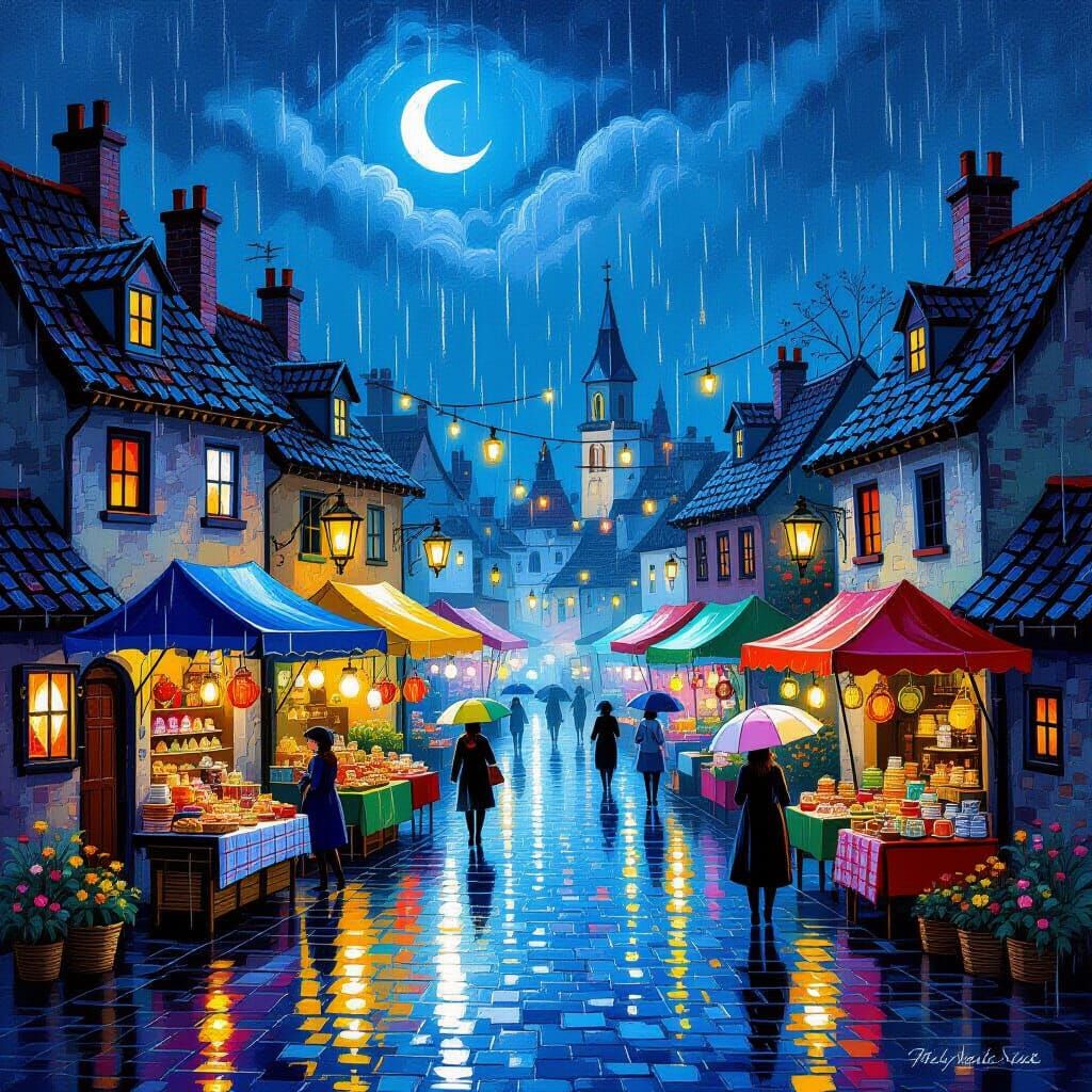 Rainy Midnight Market in Folk Art Style