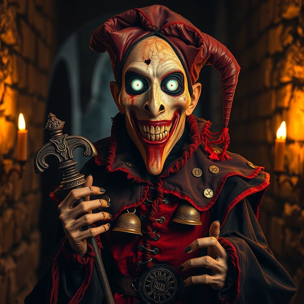 A sinister medieval court jester with a twisted, cracked porcelain mask, illuminated by flickering torchlight in a dark ...
