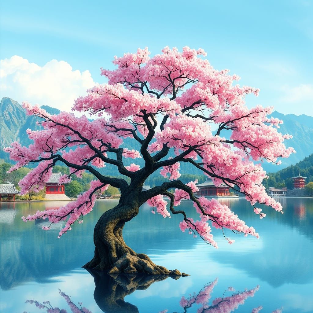 Majestic Sakura Tree in Serene Japanese Landscape