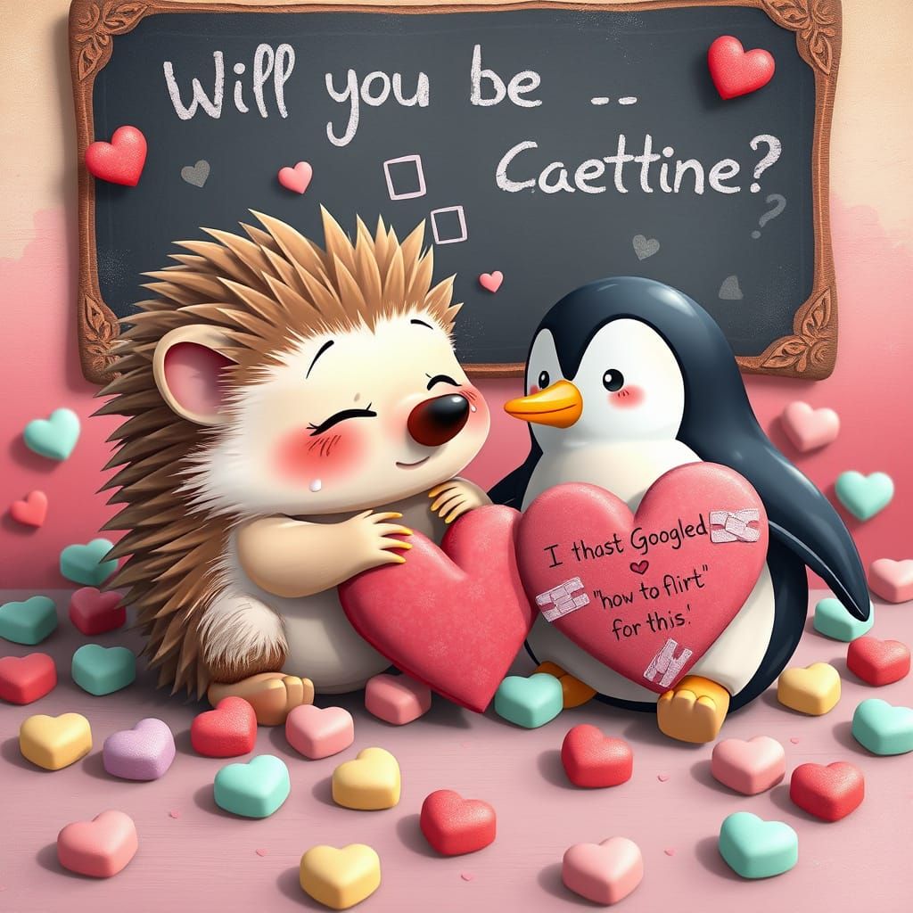Playful Hedgehog and Penguin in Soft Pastel Fantasy Landscap...