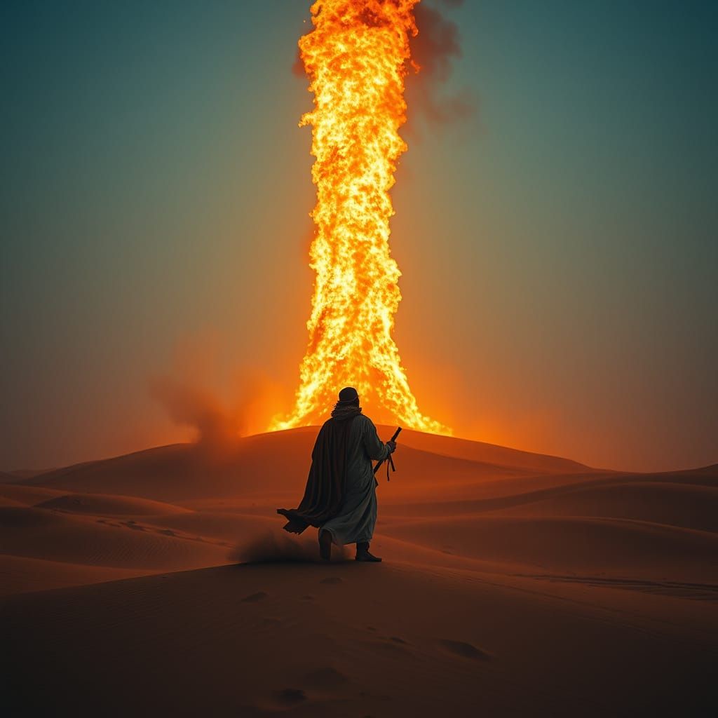 Moses Illuminated by a Towering Pillar of Fire in the Desert