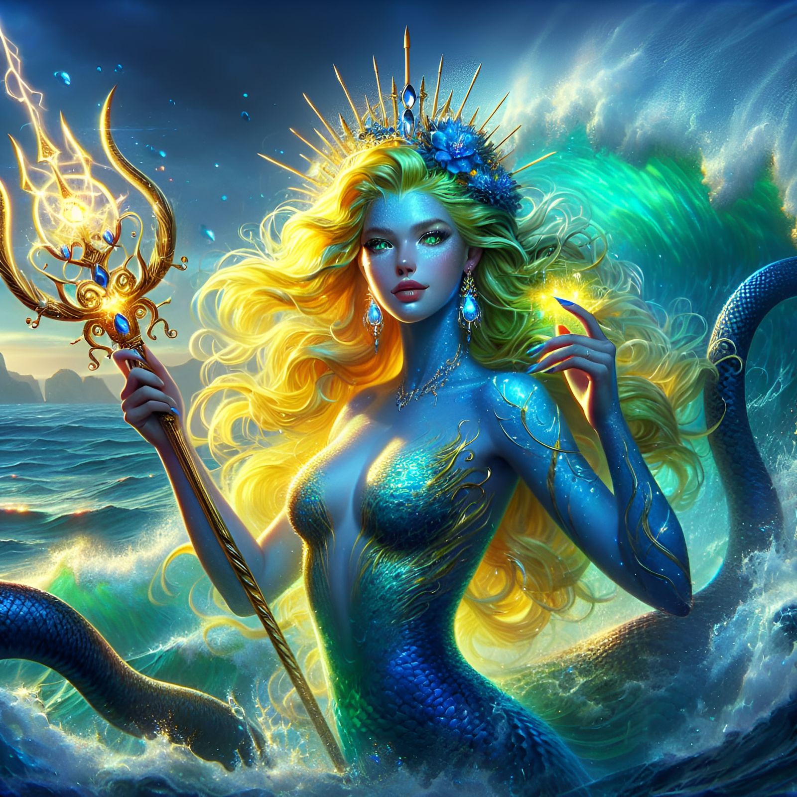Sparkling Mermaid Goddess with Serpent and Trident