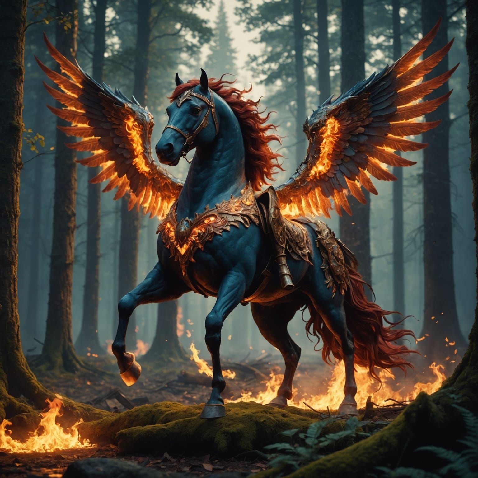 Fiery Winged Horse in Enchanted Forest: Fantasy Art