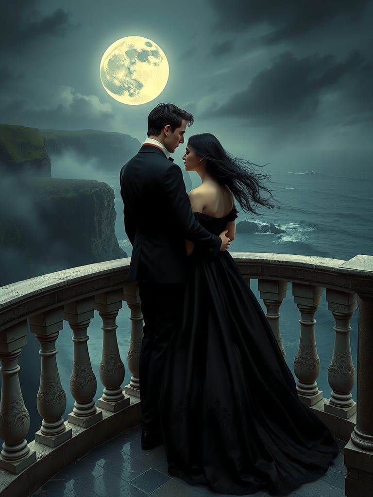 Gothic Couple Under Moonlit Cliffs