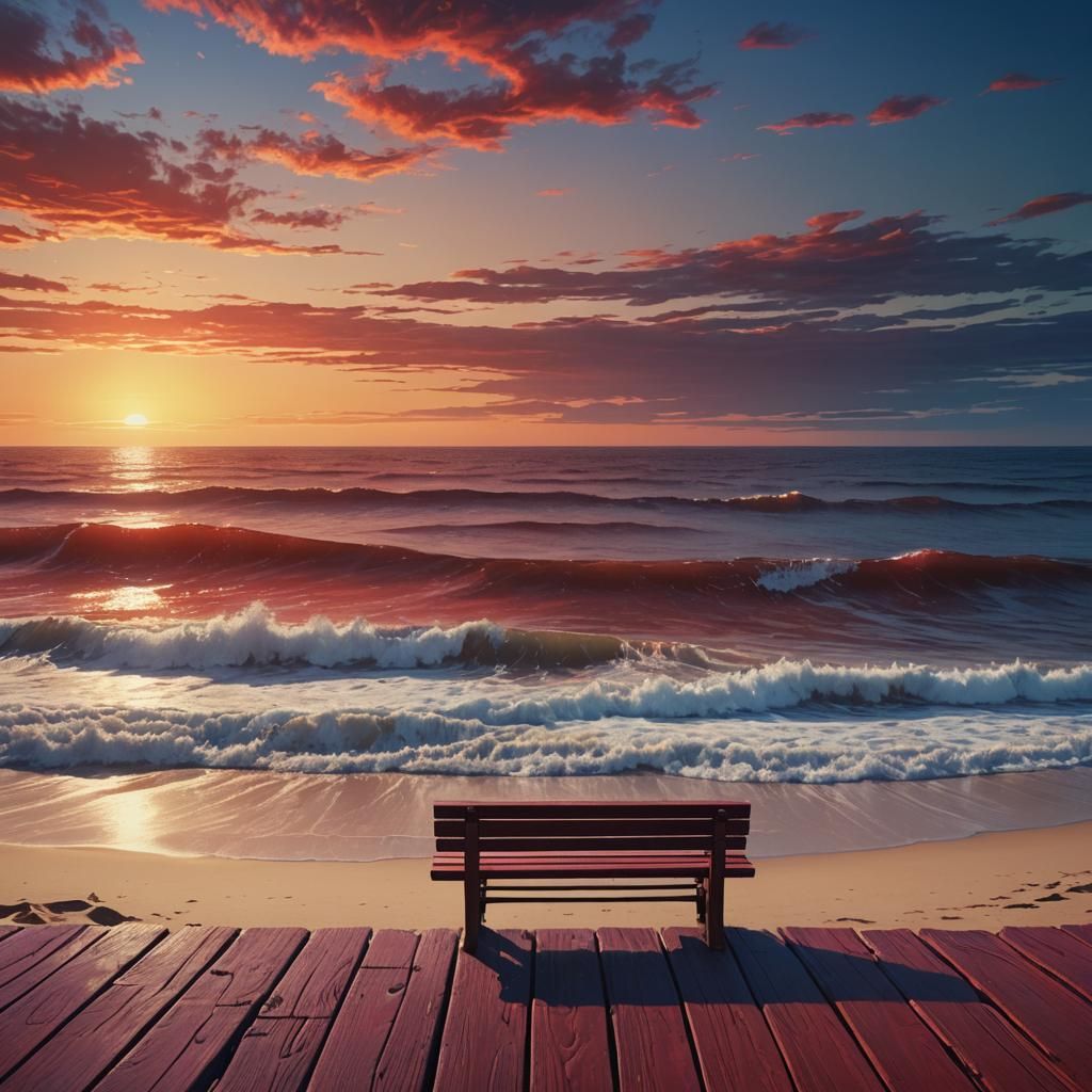 Crimson Sea: A Surrealist Beach Scene