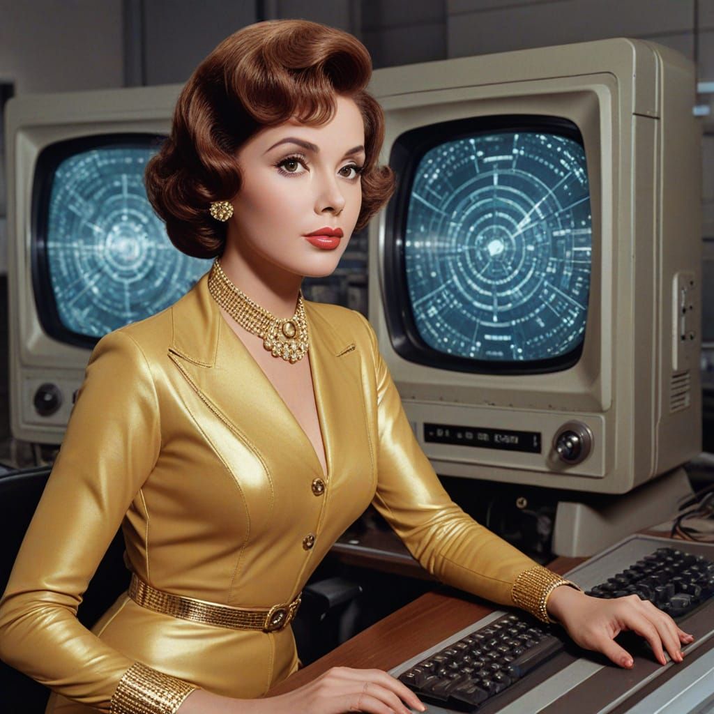 Retro Sci-Fi Lab Scene with Golden Jumpsuit