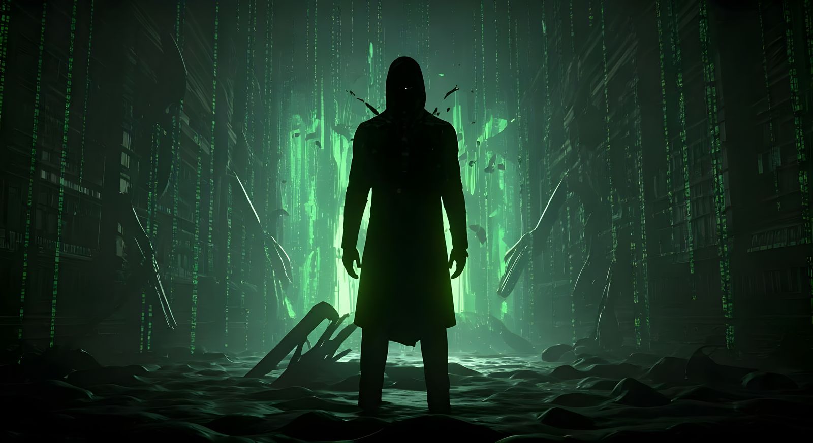 Eerie Neon Code Rain in Dark Fantasy Style