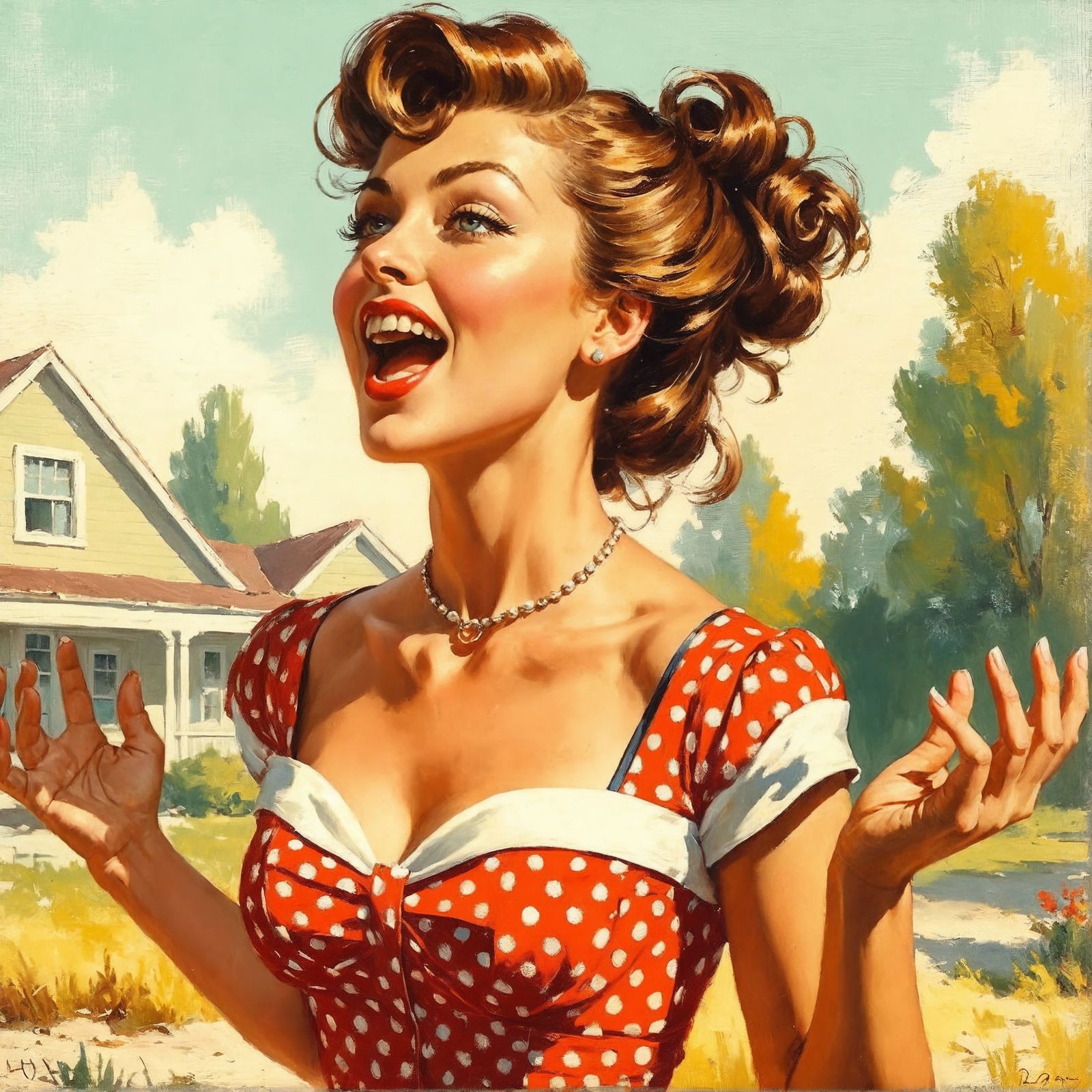 Vintage Oil Painting of Woman in Polka Dot Dress