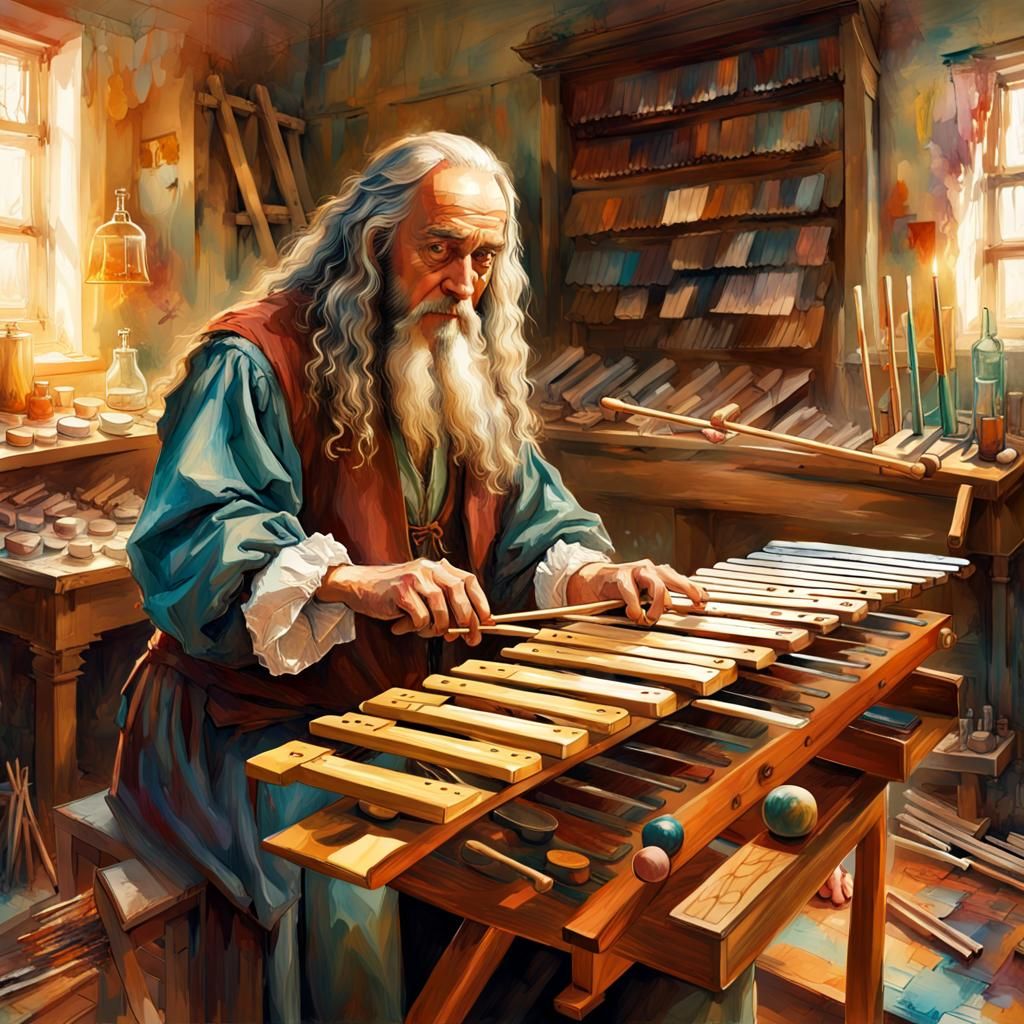 Da Vinci Plays Xylophone in Painter's Studio