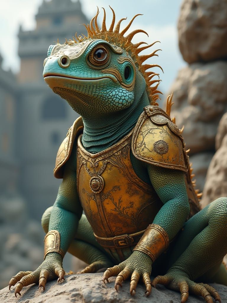 Hyperrealistic Iguana in Golden Armor at Castle