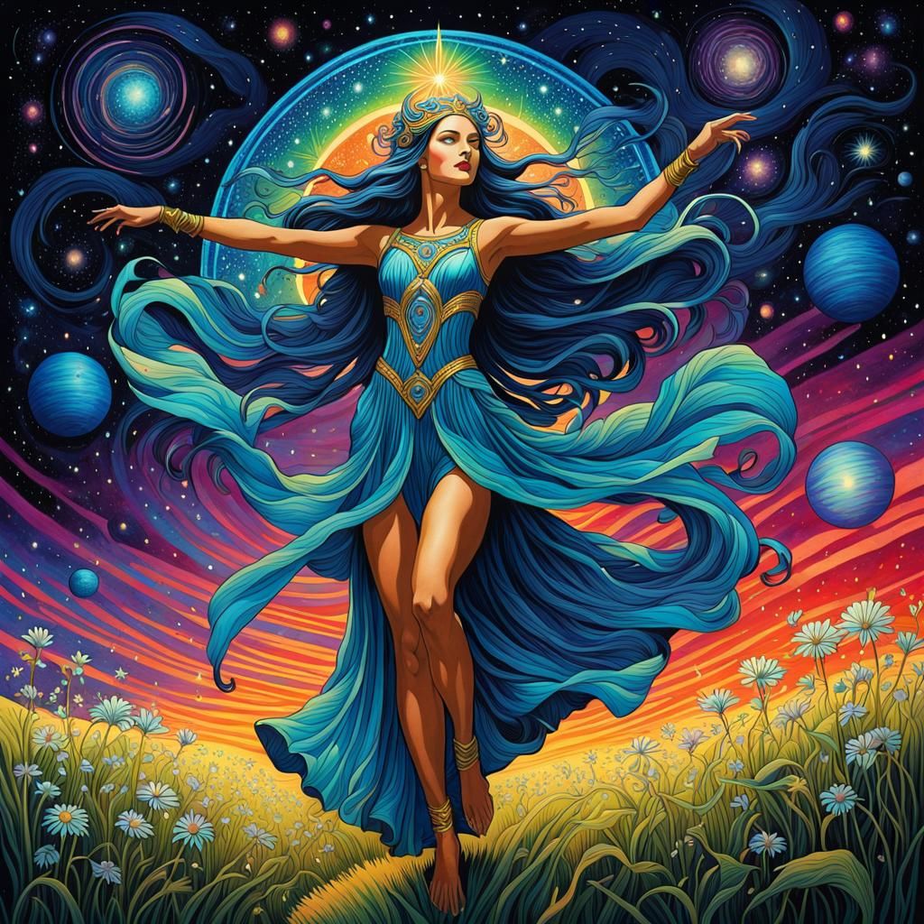 a drawing of a space goddess dancing