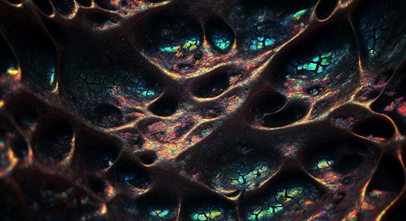 Crazed Bioiridescent Nucleated Microvoids Lavaconic Crackle Crazing in the Fabric of Time