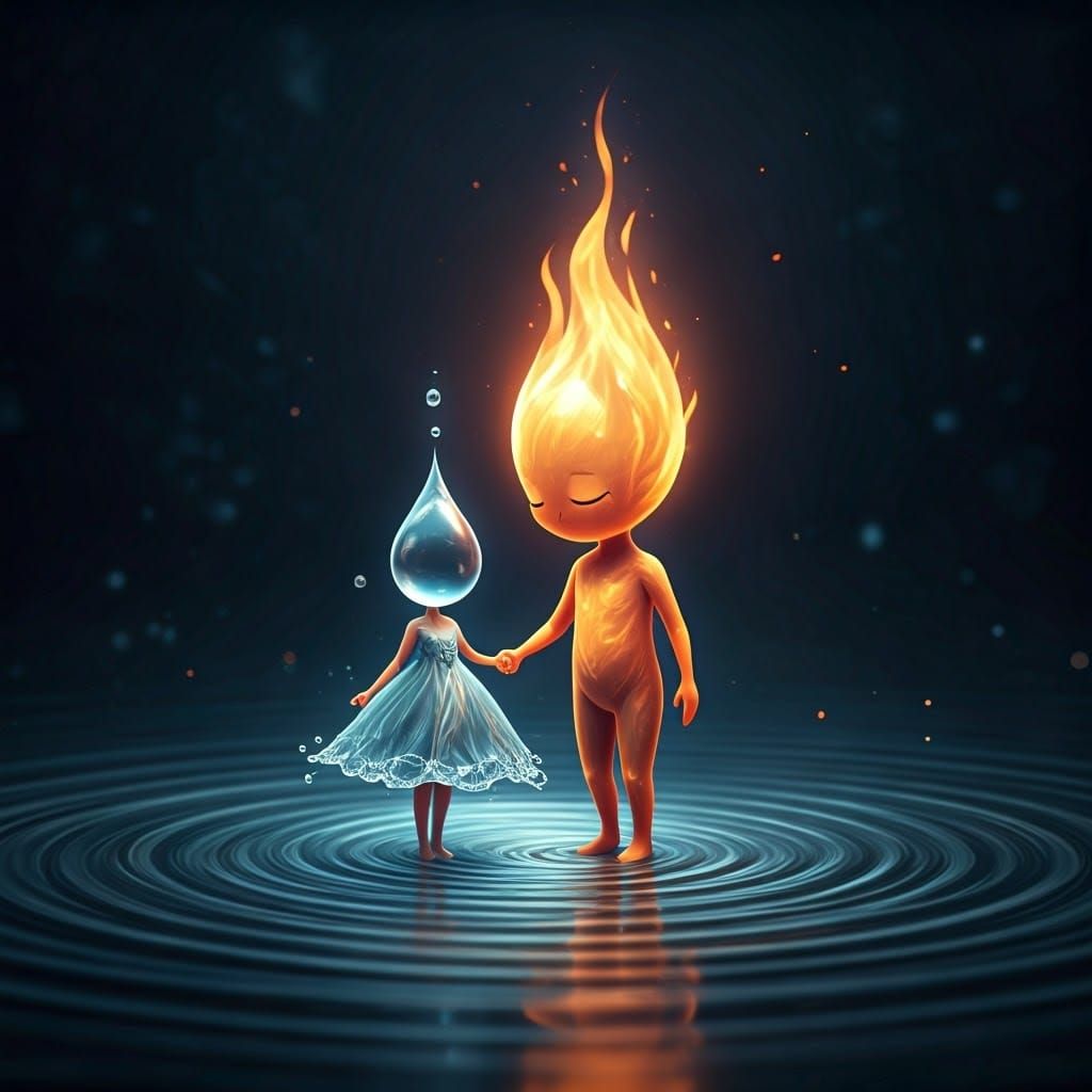 Flame and Water Droplet Holding Hands: Concept Art