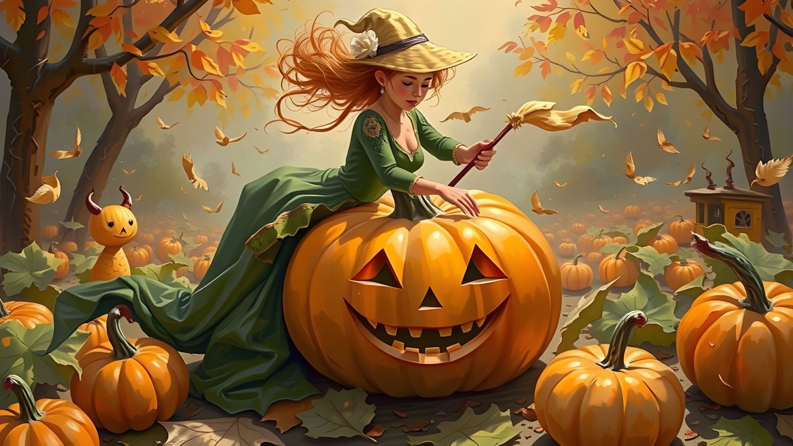 Young Woman Resting on a Giant Jack-o'-Lantern
